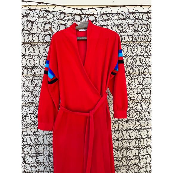 Vanity Fair red blue fleece velvet color block long bathrobe house coat SMALLa - Picture 2 of 9